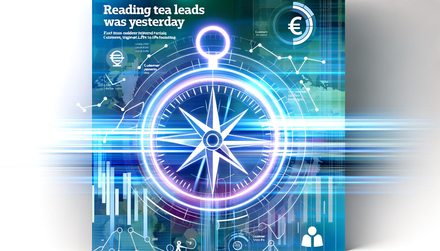 Futuristischer Neon-Kompass vor digitalen Datenströmen und Diagrammen, umgeben von Marketing-Icons und kühlen Farbakzenten. Thema: datengetriebene Prognose im Online-Marketing.