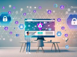 Illustration eines modernen Unternehmers, der auf einem großen Monitor ein Gumroad-E-Commerce-Dashboard mit Blockchain-Elementen, Tokendarstellungen und Sicherheitssymbolen einrichtet.