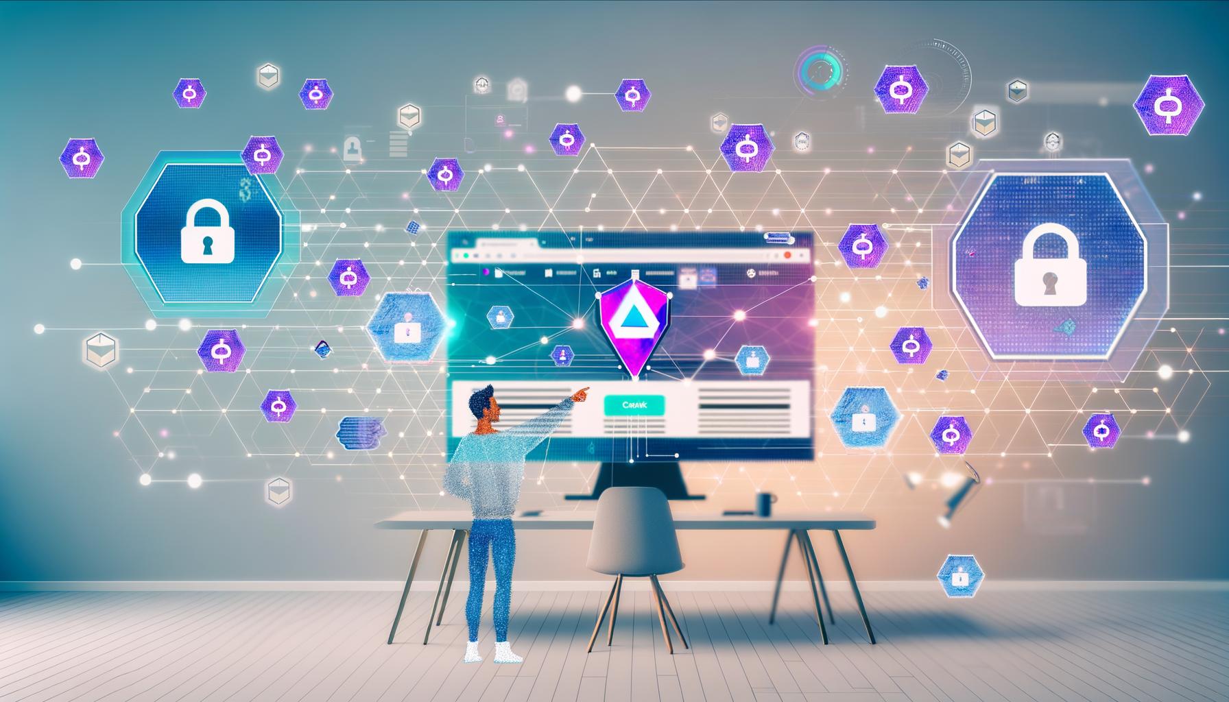 Illustration eines modernen Unternehmers, der auf einem großen Monitor ein Gumroad-E-Commerce-Dashboard mit Blockchain-Elementen, Tokendarstellungen und Sicherheitssymbolen einrichtet.