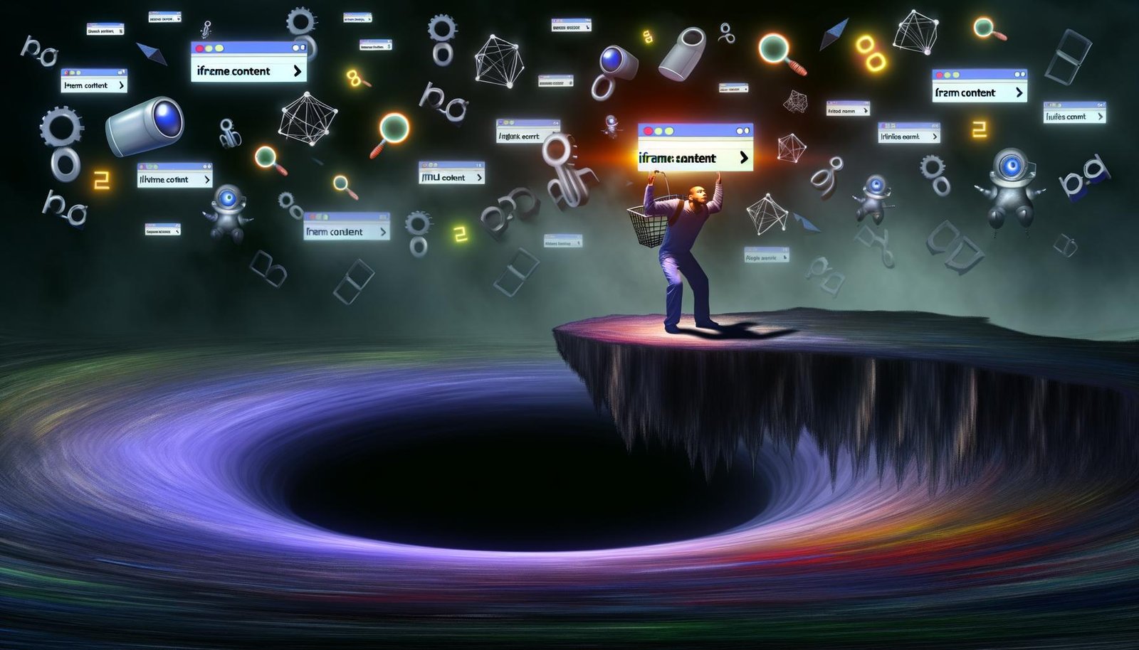 Metaphorische digitale Landschaft mit einem schwarzen Loch, das Webelemente, Code und SEO-Symbole verschluckt, während ein Website-Admin versucht, Iframe-Inhalte zu retten.