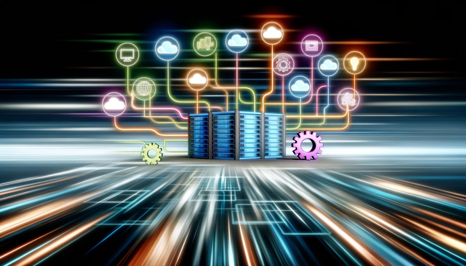 Futuristische Illustration zentraler Serverracks mit leuchtenden Linien, die digitale Plattform-Icons wie Online-Shop, Diagramme und Zahnräder verbinden. Darstellung von Webhook-Automatisierung, Geschwindigkeit und Echtzeit-Datenströmen.
