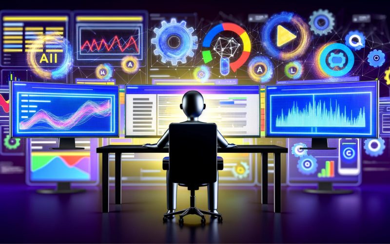 Digitale Werbezentrale mit stilisiertem Menschen vor Google-Ads-Dashboards, KI- und Technologie-Icons im Hintergrund