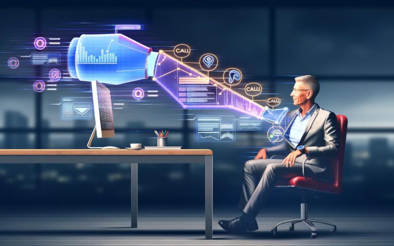 Mittelständischer Unternehmer sitzt vor dem Computer, während ein halb-transparenter Algorithmus-Arm seine Online-Werbekampagnen automatisiert. Auf dem Bildschirm sind Google Maps-Pins, Anruf-Symbole und Traffic-Kurven zu sehen. Verblasste klassische Werbetools im Hintergrund.