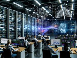 Team aus Ingenieuren und Data Scientists arbeitet in High-Tech-Umgebung mit Monitoren, leuchtenden Serverracks und Visualisierungen künstlicher Intelligenz.