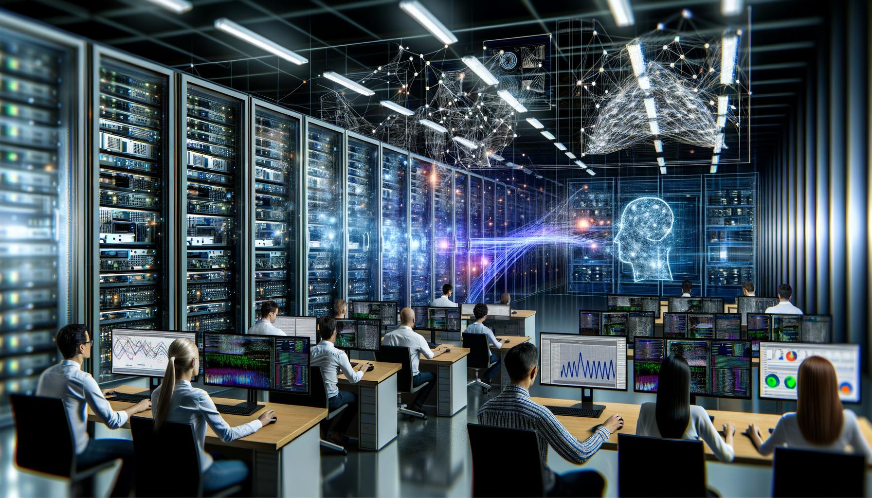 Team aus Ingenieuren und Data Scientists arbeitet in High-Tech-Umgebung mit Monitoren, leuchtenden Serverracks und Visualisierungen künstlicher Intelligenz.