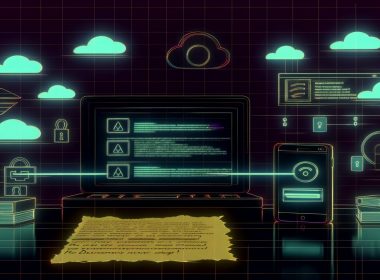 Moderne, minimalistische Illustration eines Büroarbeitsplatzes bei Nacht mit offenen Datenströmen, Proxy-Schnittstelle, Barrieren durch Consent-Banner, AdBlocker und Tag-Manager sowie einem vergilbten Zettel im Vordergrund.