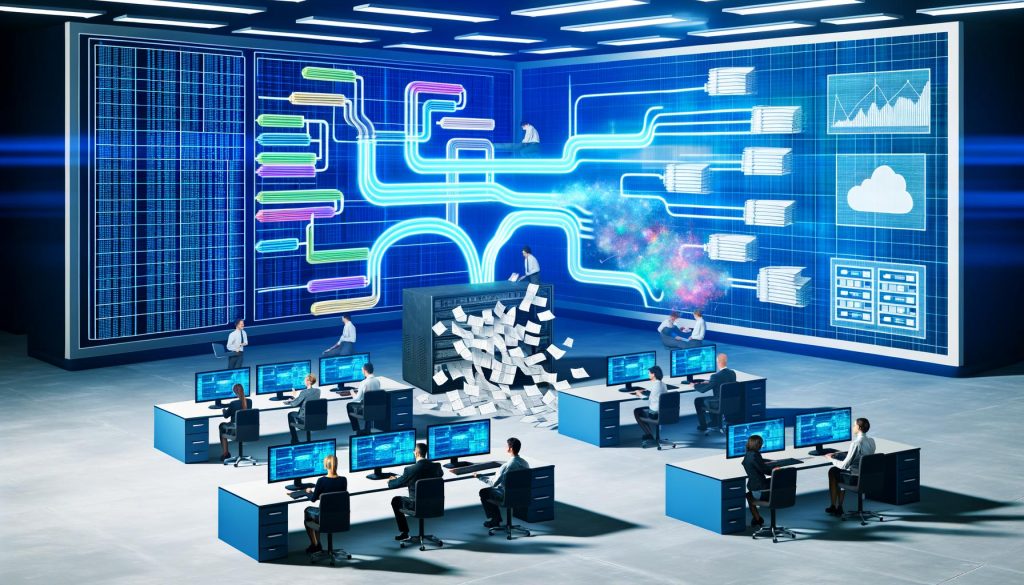 Futuristische Büroumgebung mit verschiedenen Data Engineers an großen Monitoren, blauer digitaler Datenpipeline und chaotischer Papierraupe aus altem Computer.