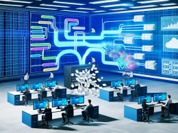 Futuristische Büroumgebung mit verschiedenen Data Engineers an großen Monitoren, blauer digitaler Datenpipeline und chaotischer Papierraupe aus altem Computer.