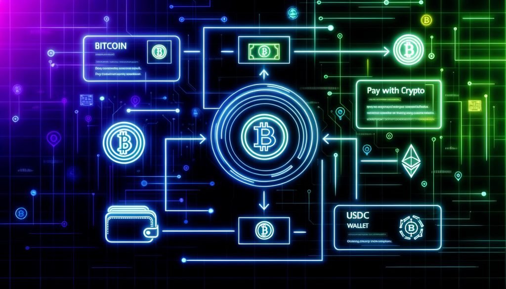 Futuristische Grafik eines digitalen Krypto-Checkouts mit prominenten Zahlungsmöglichkeiten für Bitcoin, Ethereum, USDC und schlanker Wallet-Anbindung via MetaMask, WalletConnect und Ledger.