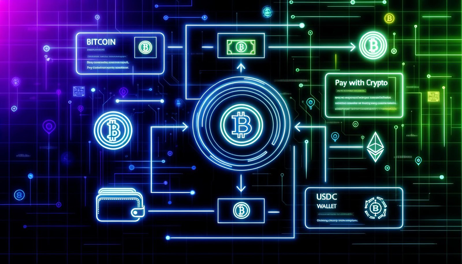 Futuristische Grafik eines digitalen Krypto-Checkouts mit prominenten Zahlungsmöglichkeiten für Bitcoin, Ethereum, USDC und schlanker Wallet-Anbindung via MetaMask, WalletConnect und Ledger.
