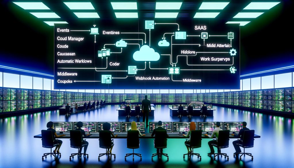 Kontrollraum mit modernen Monitoren, Experten überwachen eine komplexe Automatisierungs-Flowchart für Webhooks und Cloud-Dienste
