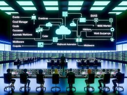Kontrollraum mit modernen Monitoren, Experten überwachen eine komplexe Automatisierungs-Flowchart für Webhooks und Cloud-Dienste
