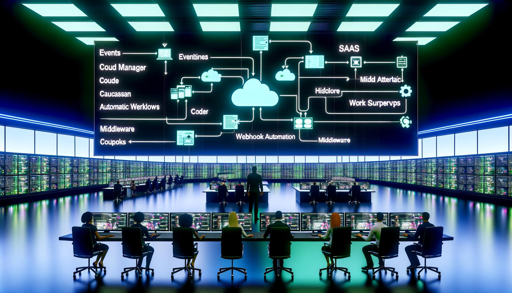 Kontrollraum mit modernen Monitoren, Experten überwachen eine komplexe Automatisierungs-Flowchart für Webhooks und Cloud-Dienste