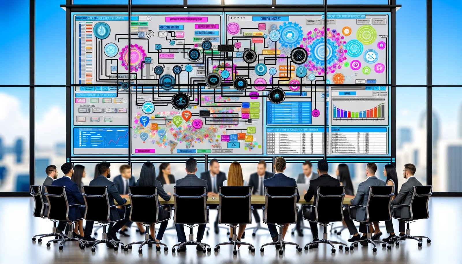 Mitarbeitende in einem modernen Büro arbeiten gemeinsam konzentriert an großen Monitoren mit komplexen Produktdaten-Dashboards und einer innovativen PIM-Planer-Benutzeroberfläche. Im Hintergrund Whiteboards mit Diagrammen und API-Symbolen.
