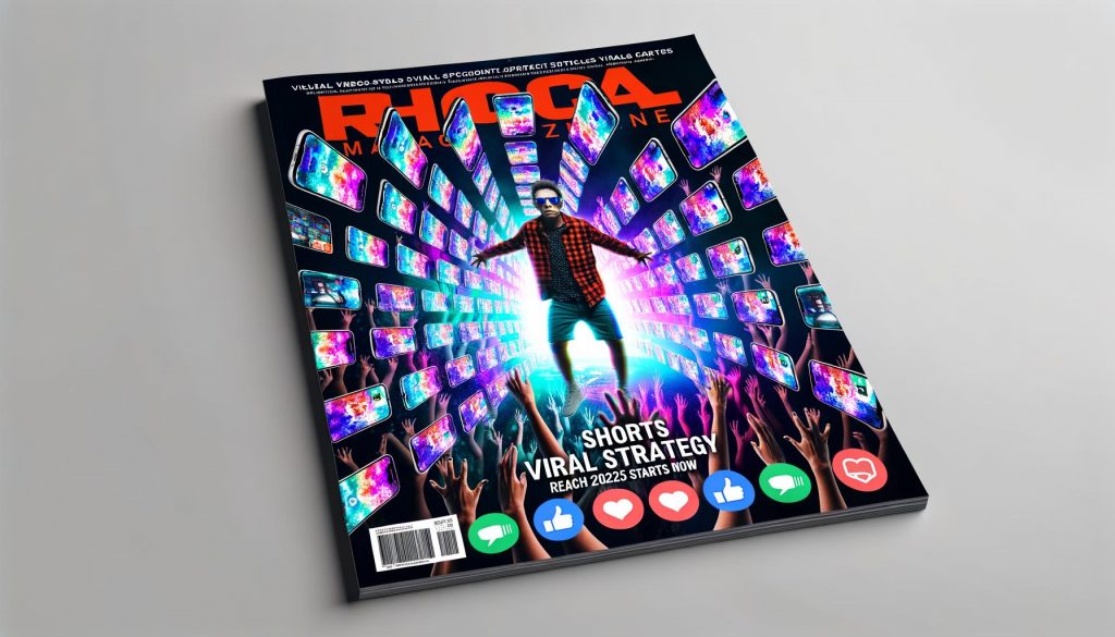 Titelbild mit explodierenden Smartphone-Bildschirmen, die bunte Kurzvideos zeigen, ein stylischer Content Creator im Zentrum, umgeben von Social-Media-Icons und dem Headline-Text: 'Shorts Viral Strategie: Reichweite 2025 beginnt jetzt.'