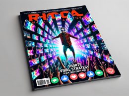 Titelbild mit explodierenden Smartphone-Bildschirmen, die bunte Kurzvideos zeigen, ein stylischer Content Creator im Zentrum, umgeben von Social-Media-Icons und dem Headline-Text: 'Shorts Viral Strategie: Reichweite 2025 beginnt jetzt.'