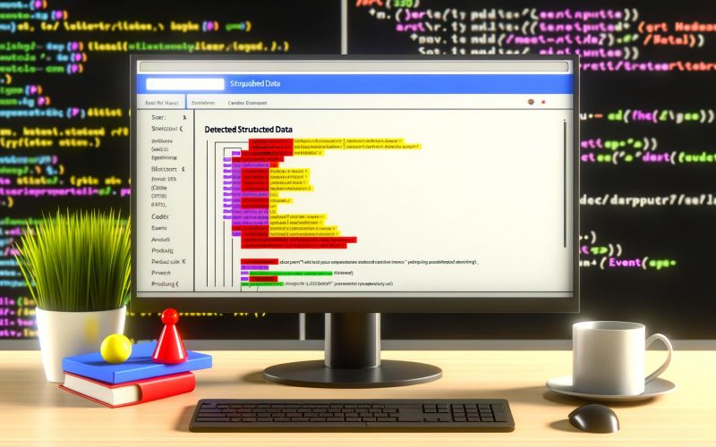 Modernes Desktop-Interface eines Structured Data Testing Tools mit URL-Eingabe, farbigen Datenkästen, Fehler- und Warnicons sowie Code-Snippets im Hintergrund.