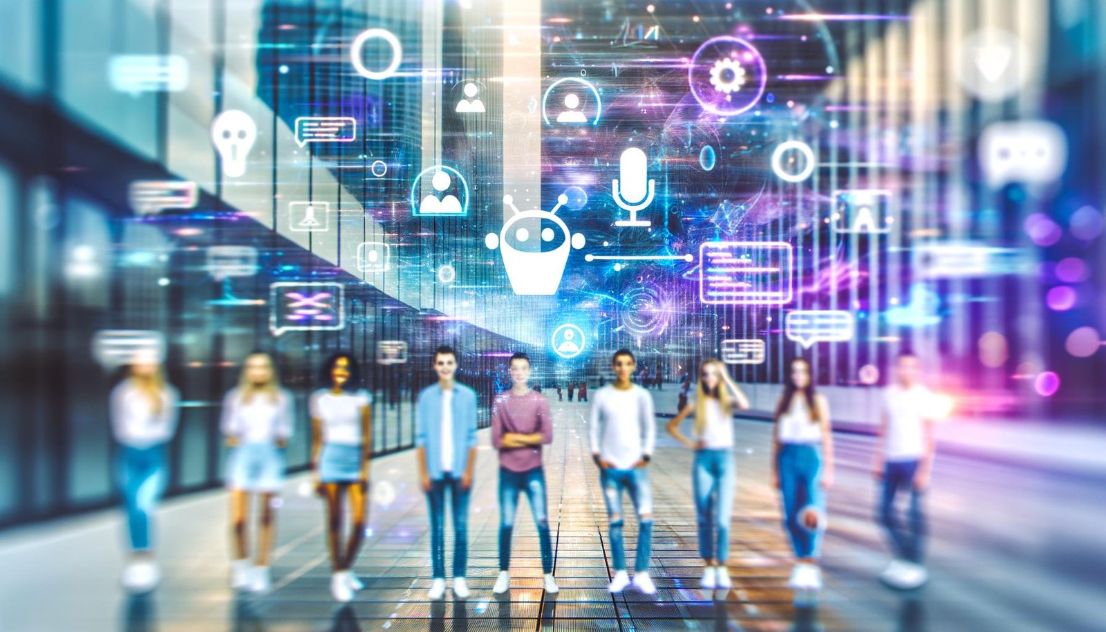 Junge, diverse Menschengruppe aus verschiedenen Branchen in urbaner Kulisse mit holografischen KI-Elementen wie Diagrammen, Chatbot-Blasen, Codes und Datenströmen, umgeben von modernen digitalen Alltagsobjekten.