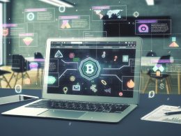 Laptop mit offenem Gumroad NFT-Shop-Interface, flankiert von schwebenden NFT-Artworks und digitalen Zahlungsoptionen in einem modernen Workspace.