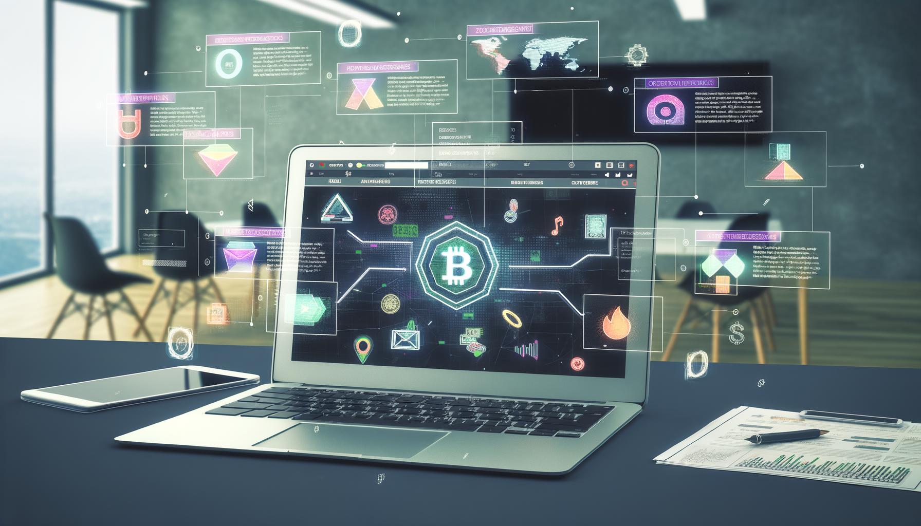 Laptop mit offenem Gumroad NFT-Shop-Interface, flankiert von schwebenden NFT-Artworks und digitalen Zahlungsoptionen in einem modernen Workspace.