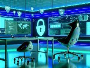 Marketer an futuristischem Schreibtisch mit Analytics-Dashboards, Symbolen von Google Analytics, Facebook Pixel, Matomo und Datenschutzschild in High-Tech-Atmosphäre