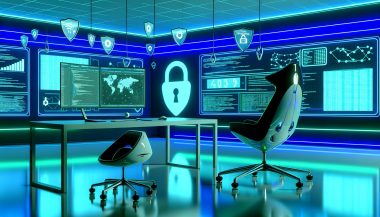 Marketer an futuristischem Schreibtisch mit Analytics-Dashboards, Symbolen von Google Analytics, Facebook Pixel, Matomo und Datenschutzschild in High-Tech-Atmosphäre