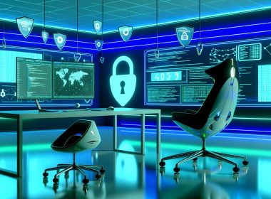 Marketer an futuristischem Schreibtisch mit Analytics-Dashboards, Symbolen von Google Analytics, Facebook Pixel, Matomo und Datenschutzschild in High-Tech-Atmosphäre