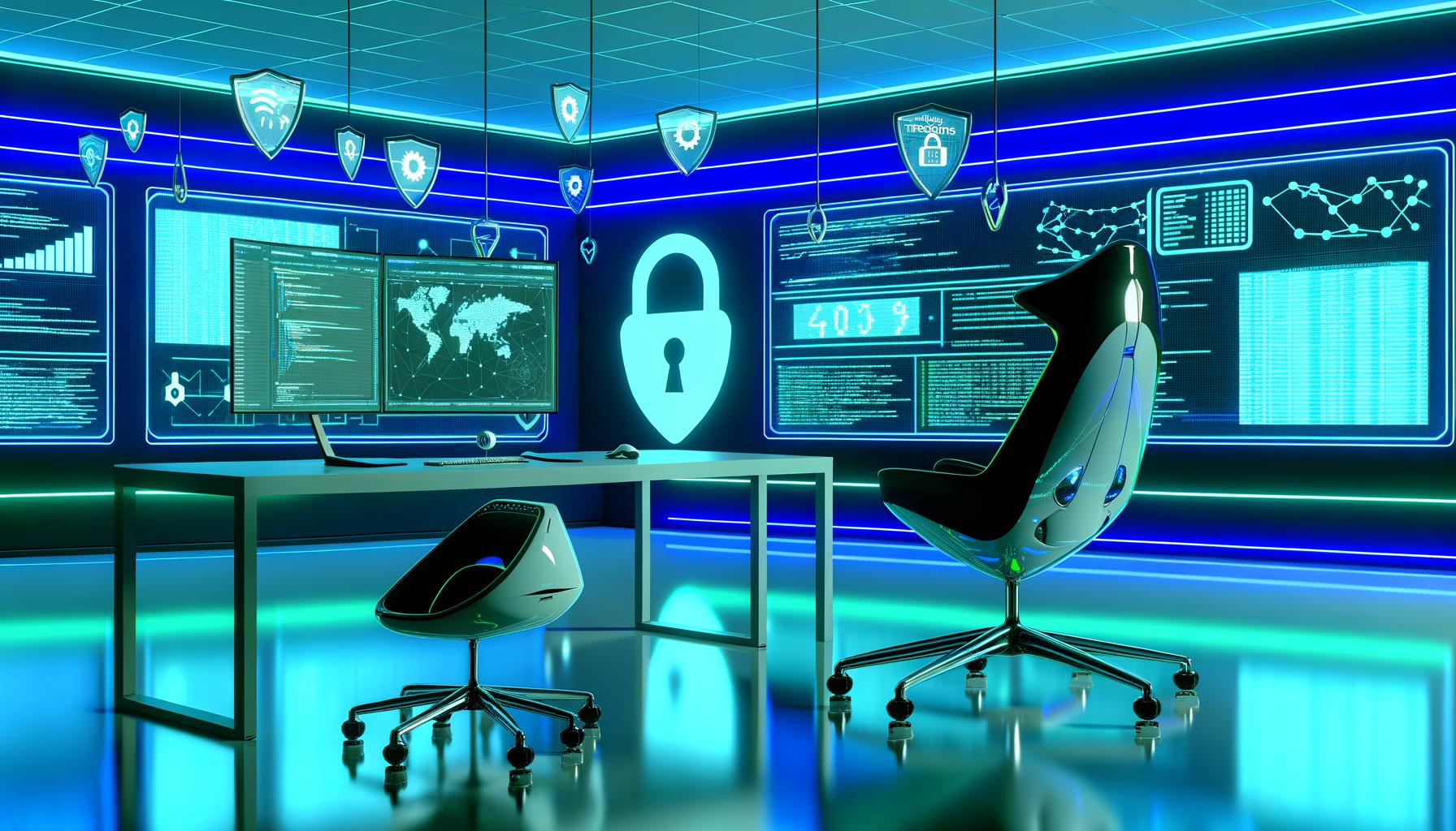 Marketer an futuristischem Schreibtisch mit Analytics-Dashboards, Symbolen von Google Analytics, Facebook Pixel, Matomo und Datenschutzschild in High-Tech-Atmosphäre