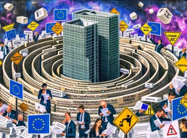 Komplexe Collage mit EU-Kommissions-Turm, Gesetzestexten und verzweifelten Unternehmern, während US-Logos im Hintergrund strahlen und europäische Firmen sich durch Paragrafen kämpfen.