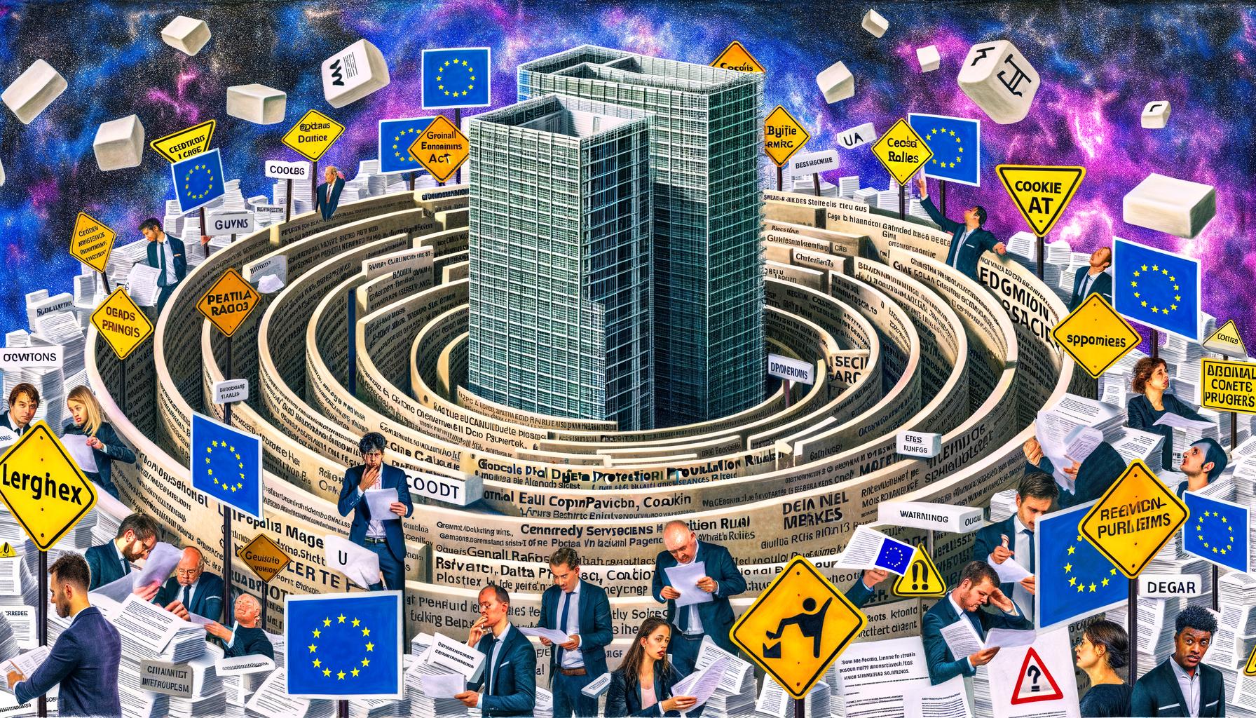 Komplexe Collage mit EU-Kommissions-Turm, Gesetzestexten und verzweifelten Unternehmern, während US-Logos im Hintergrund strahlen und europäische Firmen sich durch Paragrafen kämpfen.