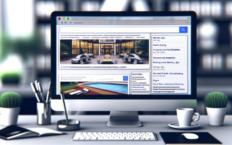 Google Ads Desktop-Interface zeigt eine Hotel-Suchanzeige mit klar sichtbarem strukturierten Snippet für WLAN, kostenloses Frühstück, Parkplatz, Spa und Fitnessraum. Unscharfe Oberfläche, moderner Arbeitsplatz im Hintergrund.