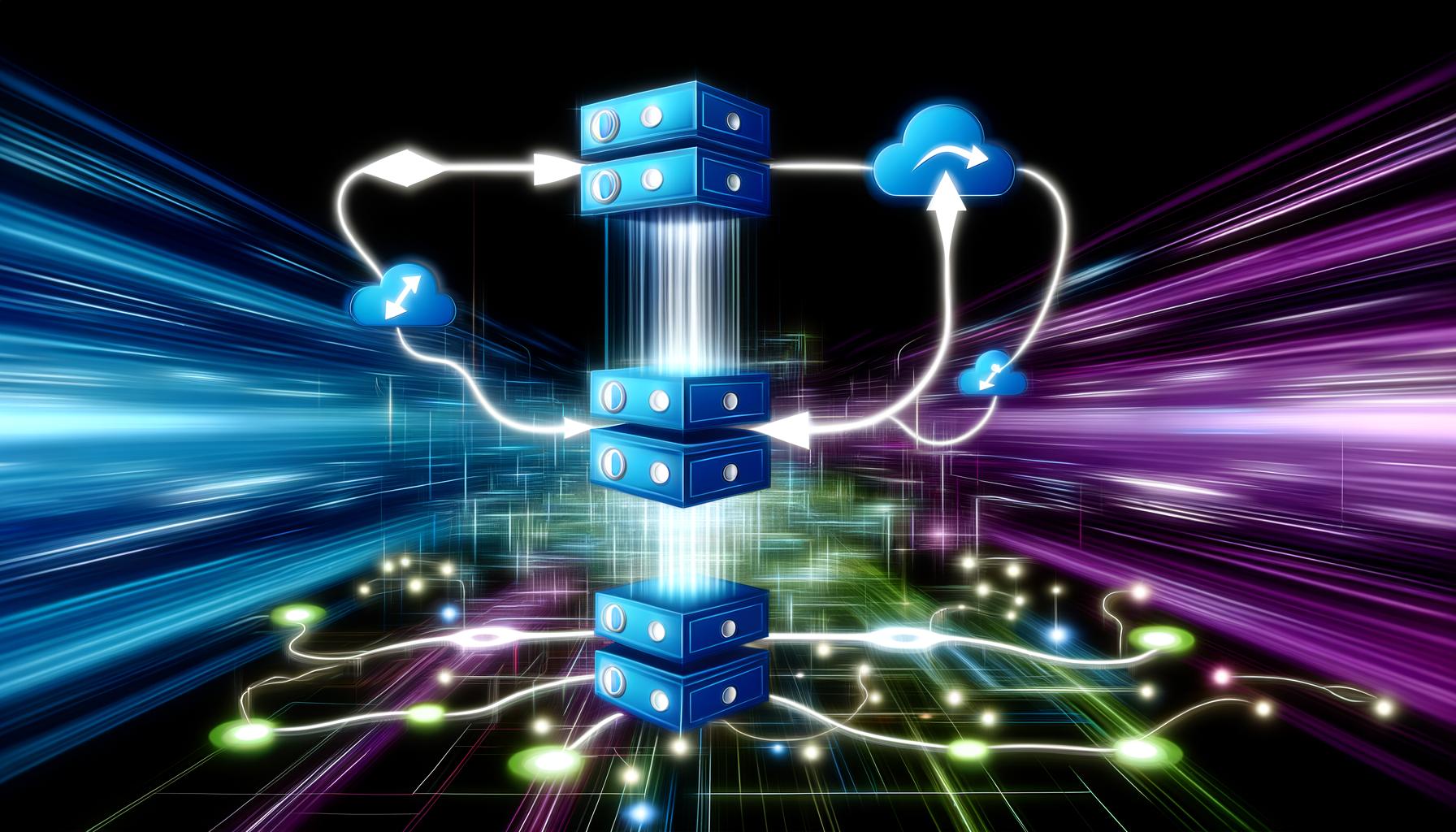Stilisierte Netzwerk-Illustration mit verbundenen Servern, APIs und Apps, zentralem Webhook-Endpoint und leuchtenden Linien in modernem Hightech-Flair