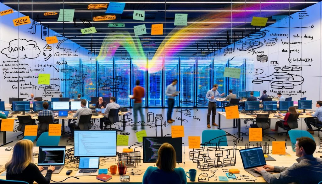Mehrere Data Engineers in einem modernen Open-Space-Büro arbeiten an Laptops mit Datenpipelines, Visualisierungen und Code-Snippets, umgeben von Notizen, Architekturzeichnungen und sichtbaren Herausforderungen durch Altsysteme.
