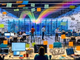 Mehrere Data Engineers in einem modernen Open-Space-Büro arbeiten an Laptops mit Datenpipelines, Visualisierungen und Code-Snippets, umgeben von Notizen, Architekturzeichnungen und sichtbaren Herausforderungen durch Altsysteme.