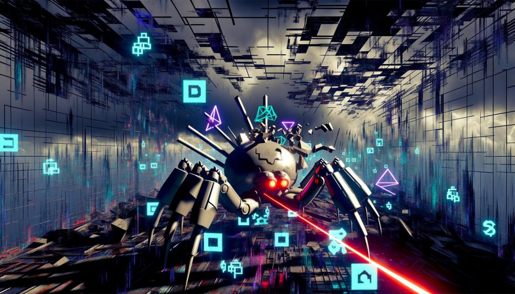 Metaphorisches Schlachtfeld auf einer kaputten Webseite mit Googlebot-Spinne, dominanten Webelementen und strukturierter Daten, die den Weg zur Spitzenplatzierung markieren.