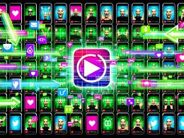 Grafische Illustration einer digitalen Matrix aus Smartphones mit laufenden viralen Kurzvideos, TikTok- und YouTube Shorts-Logos, algorithmischen Codes und bunten Neonfarben.