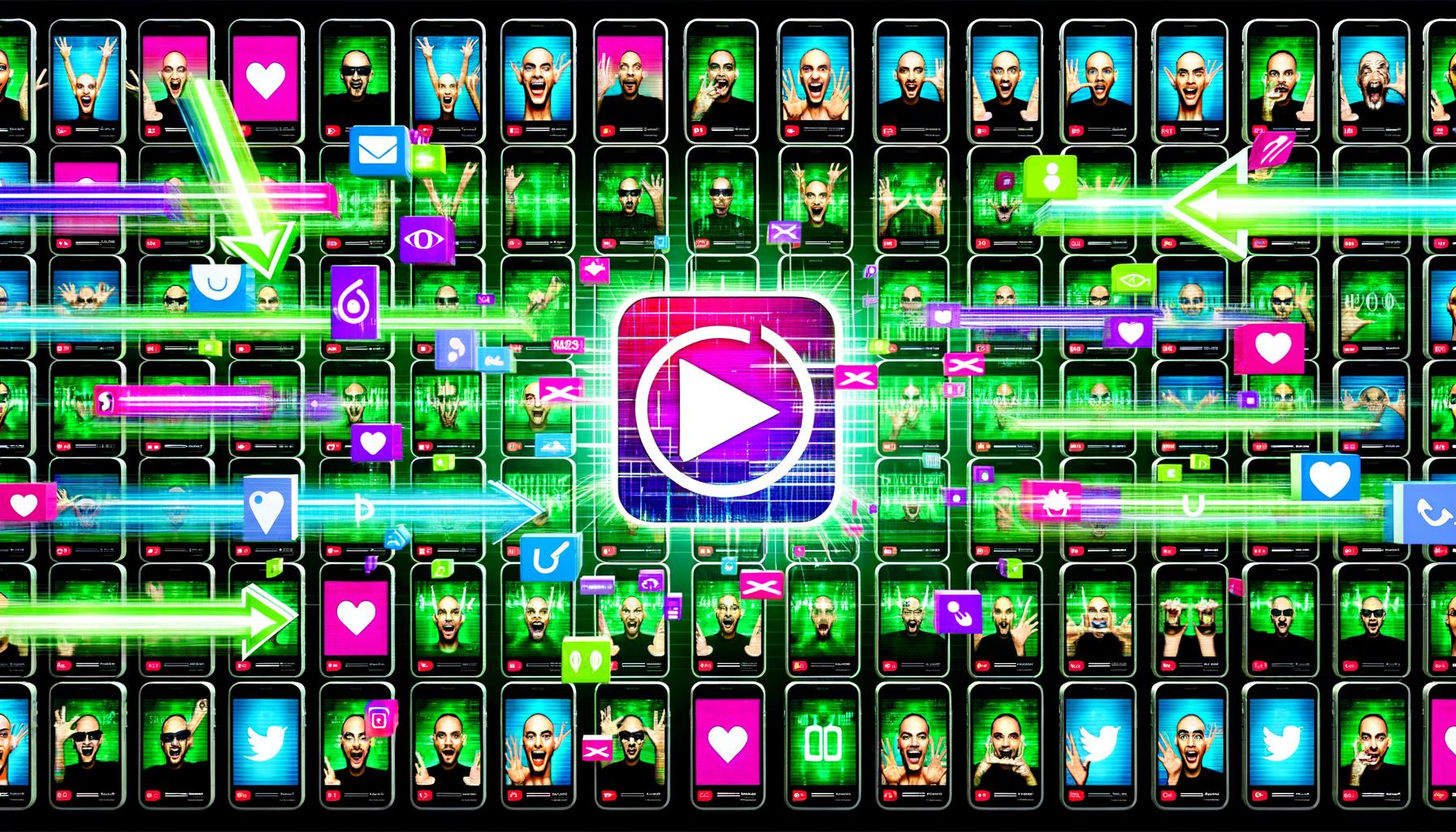 Grafische Illustration einer digitalen Matrix aus Smartphones mit laufenden viralen Kurzvideos, TikTok- und YouTube Shorts-Logos, algorithmischen Codes und bunten Neonfarben.