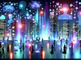 Illustration einer digitalen Stadt bei Nacht mit leuchtenden Datenströmen, Hologrammen, Menschen und Maschinen im Zusammenspiel und schwebenden Algorithmen.