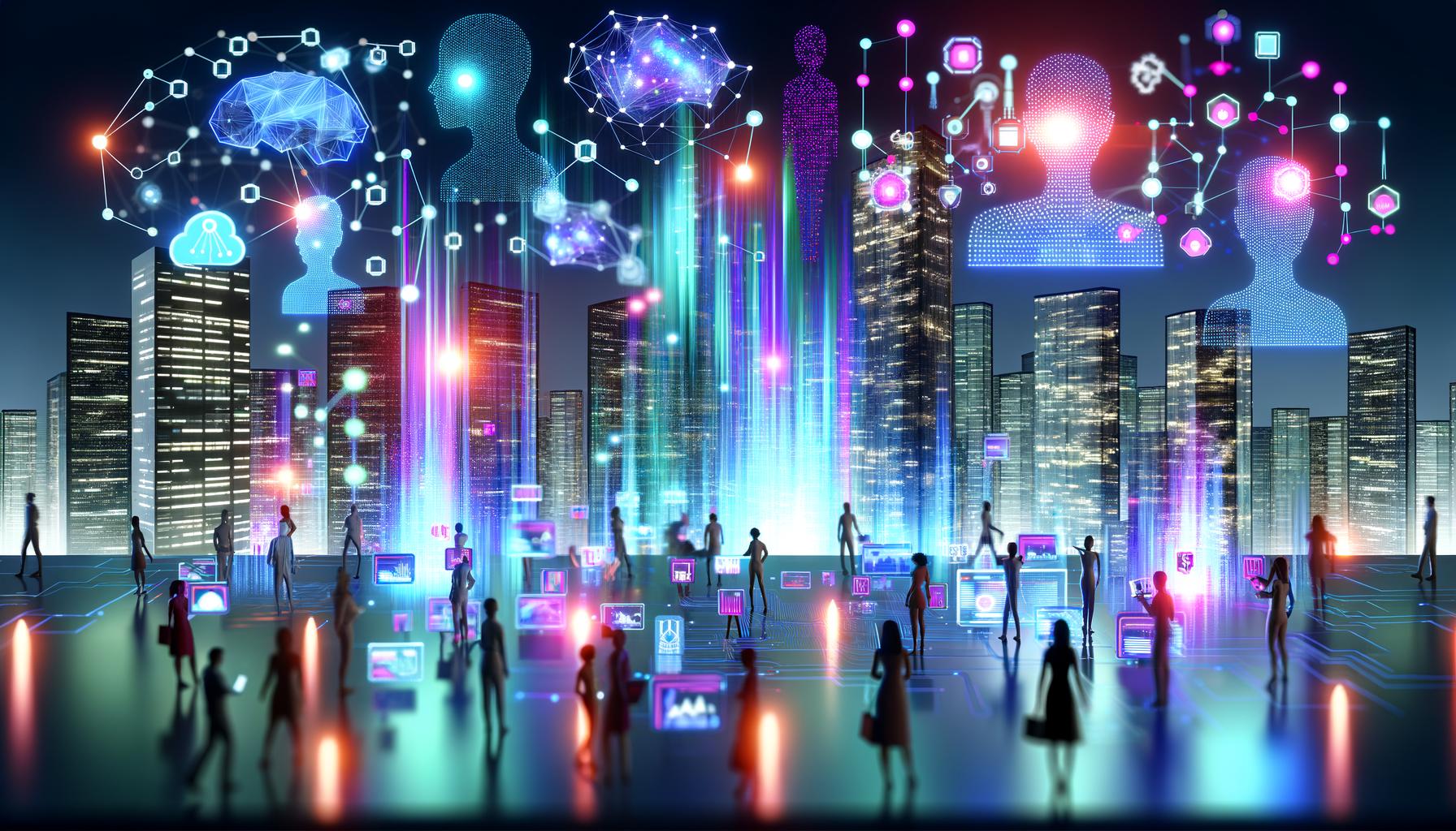 Illustration einer digitalen Stadt bei Nacht mit leuchtenden Datenströmen, Hologrammen, Menschen und Maschinen im Zusammenspiel und schwebenden Algorithmen.