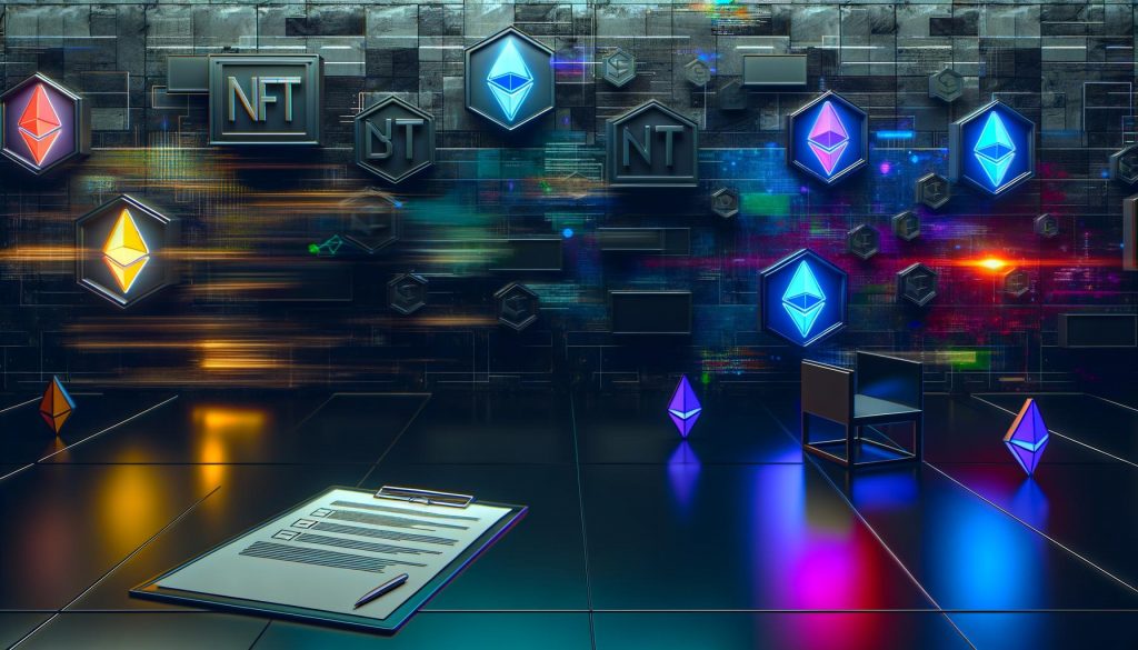 Minimalistische Titelgrafik mit abstrahiertem Krypto-Interface, NFT-Icons, Gumroad-Logo, Checkliste neben Laptop sowie Ethereum-Symbolen und leuchtenden Linien im Maschinenraum-Stil.