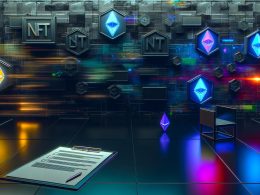 Minimalistische Titelgrafik mit abstrahiertem Krypto-Interface, NFT-Icons, Gumroad-Logo, Checkliste neben Laptop sowie Ethereum-Symbolen und leuchtenden Linien im Maschinenraum-Stil.