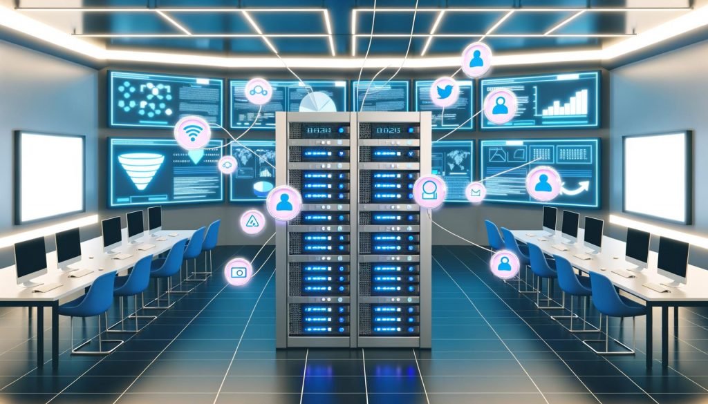 Futuristisches Kontrollzentrum mit Server-Rack, Website-Analytics, Consent-Bannern und Datenschutzsymbolen, die miteinander verbunden sind und zentrale Datenströme in einer High-Tech-Umgebung zeigen.