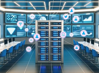 Futuristisches Kontrollzentrum mit Server-Rack, Website-Analytics, Consent-Bannern und Datenschutzsymbolen, die miteinander verbunden sind und zentrale Datenströme in einer High-Tech-Umgebung zeigen.