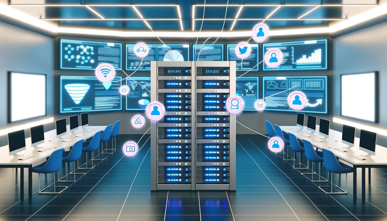 Futuristisches Kontrollzentrum mit Server-Rack, Website-Analytics, Consent-Bannern und Datenschutzsymbolen, die miteinander verbunden sind und zentrale Datenströme in einer High-Tech-Umgebung zeigen.