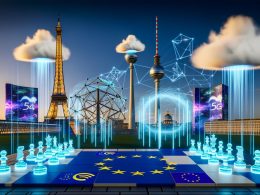 Modernes europäisches Stadtpanorama mit Glasfaserkabeln, 5G-Masten, Datenströmen und bekannten Wahrzeichen, kombiniert mit digitaler Architektur und einem Schachtisch mit Spielsteinen von EU, US- und China-Tech-Firmen.