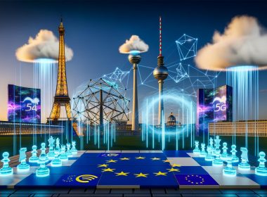 Modernes europäisches Stadtpanorama mit Glasfaserkabeln, 5G-Masten, Datenströmen und bekannten Wahrzeichen, kombiniert mit digitaler Architektur und einem Schachtisch mit Spielsteinen von EU, US- und China-Tech-Firmen.
