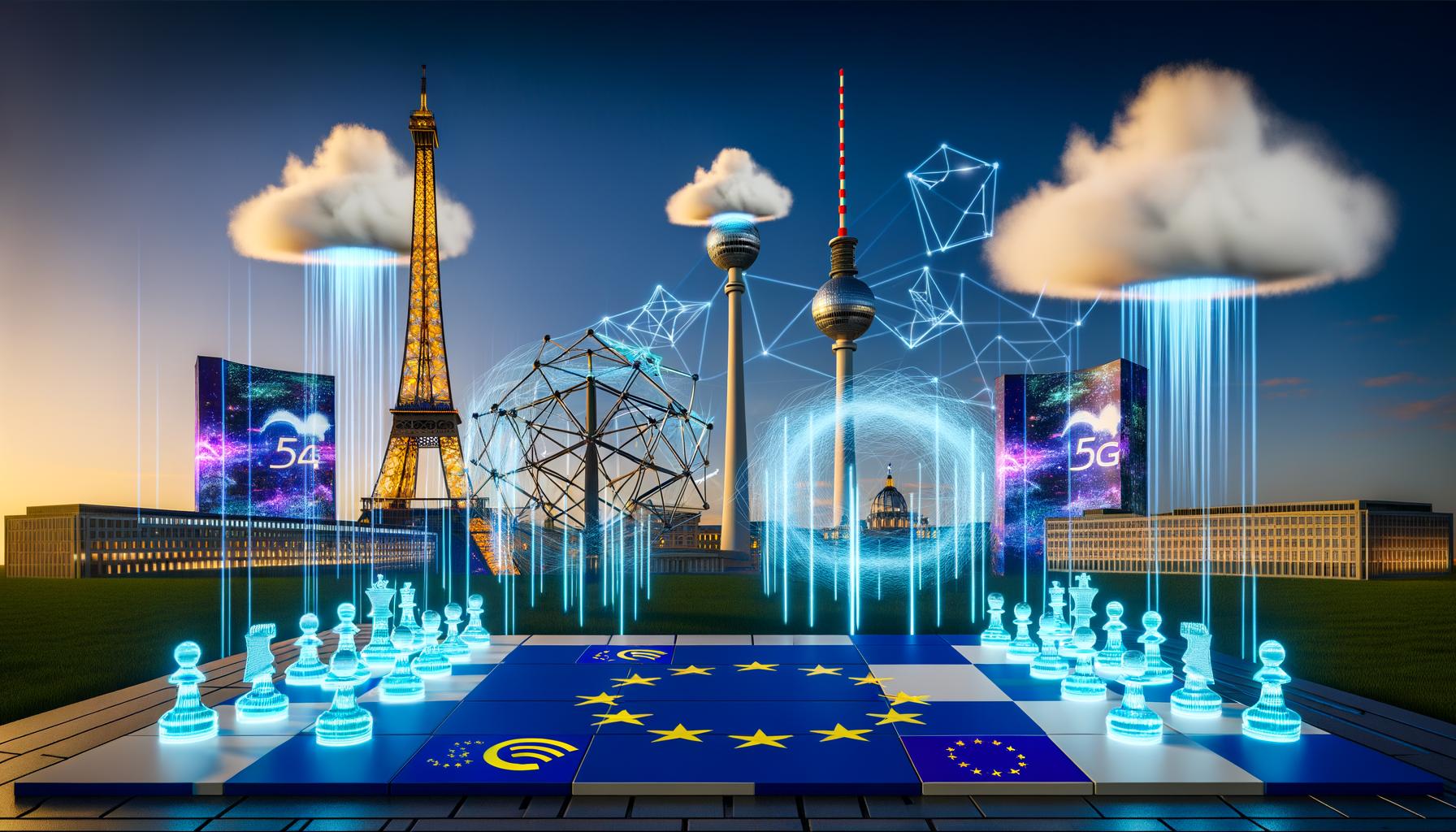 Modernes europäisches Stadtpanorama mit Glasfaserkabeln, 5G-Masten, Datenströmen und bekannten Wahrzeichen, kombiniert mit digitaler Architektur und einem Schachtisch mit Spielsteinen von EU, US- und China-Tech-Firmen.