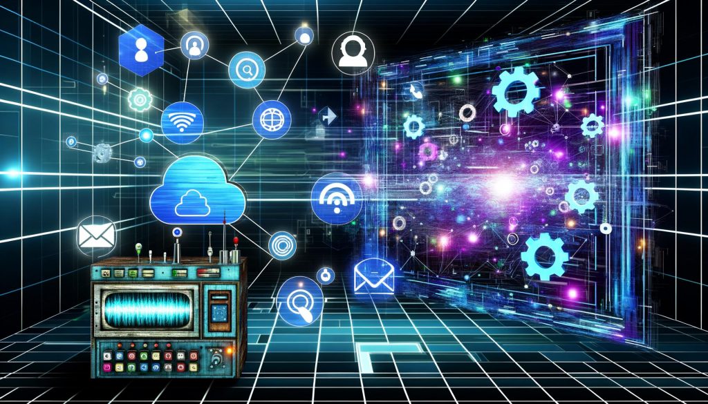 Futuristische Szene mit digitalem Maschinenraum, leuchtenden Datenströmen, Icons für Webhooks, APIs, Tools sowie moderner Bildschirm mit Push-Benachrichtigung und altem Faxgerät.