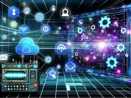 Futuristische Szene mit digitalem Maschinenraum, leuchtenden Datenströmen, Icons für Webhooks, APIs, Tools sowie moderner Bildschirm mit Push-Benachrichtigung und altem Faxgerät.