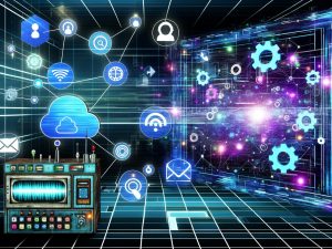 Futuristische Szene mit digitalem Maschinenraum, leuchtenden Datenströmen, Icons für Webhooks, APIs, Tools sowie moderner Bildschirm mit Push-Benachrichtigung und altem Faxgerät.